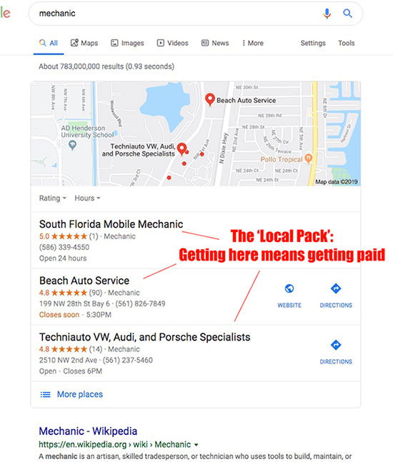 Local Pack results under google map for mechanic search